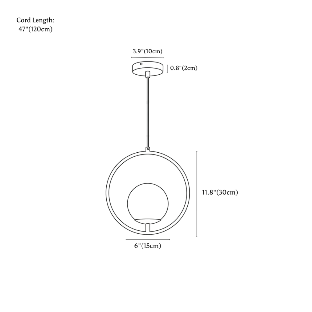 Clérachic pendant light dimension drawing, Circle, 30 cm, every measurement marked in centimetres and inches.
