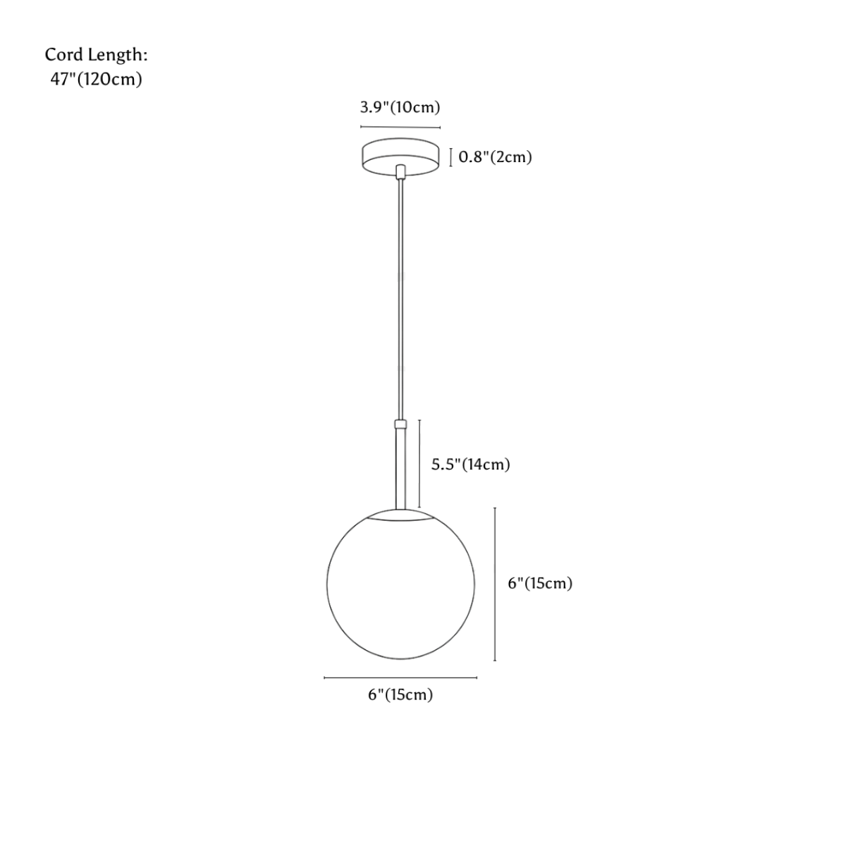 Clérachic pendant light dimension drawing, Straight, 15 cm, every measurement marked in centimetres and inches.