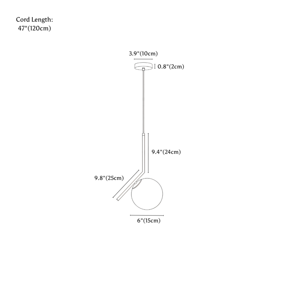 Clérachic pendant light dimension drawing, Canted, Small, 15 cm, every measurement marked in centimetres and inches.