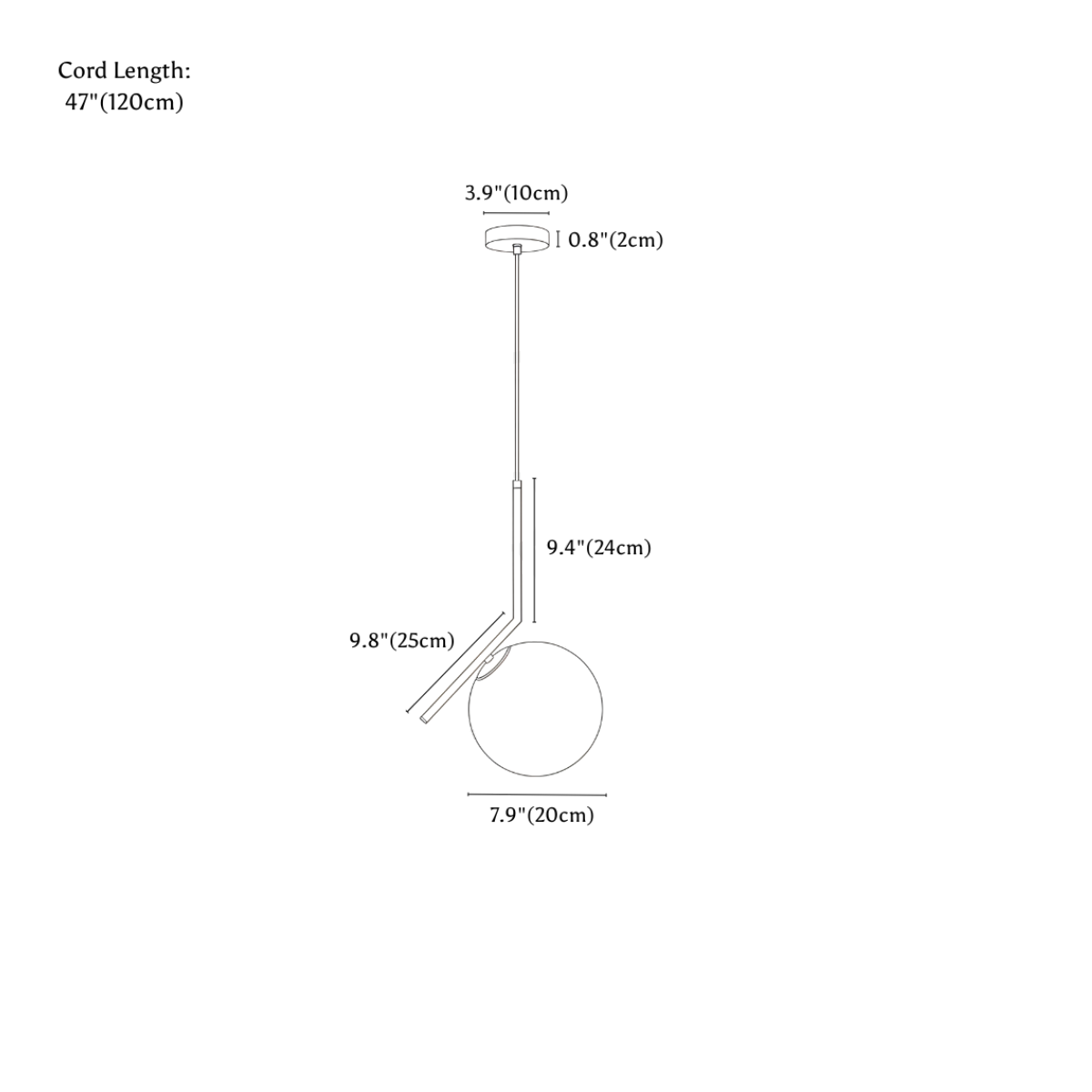 Clérachic pendant light dimension drawing, Canted, Large, 20 cm, every measurement marked in centimetres and inches.