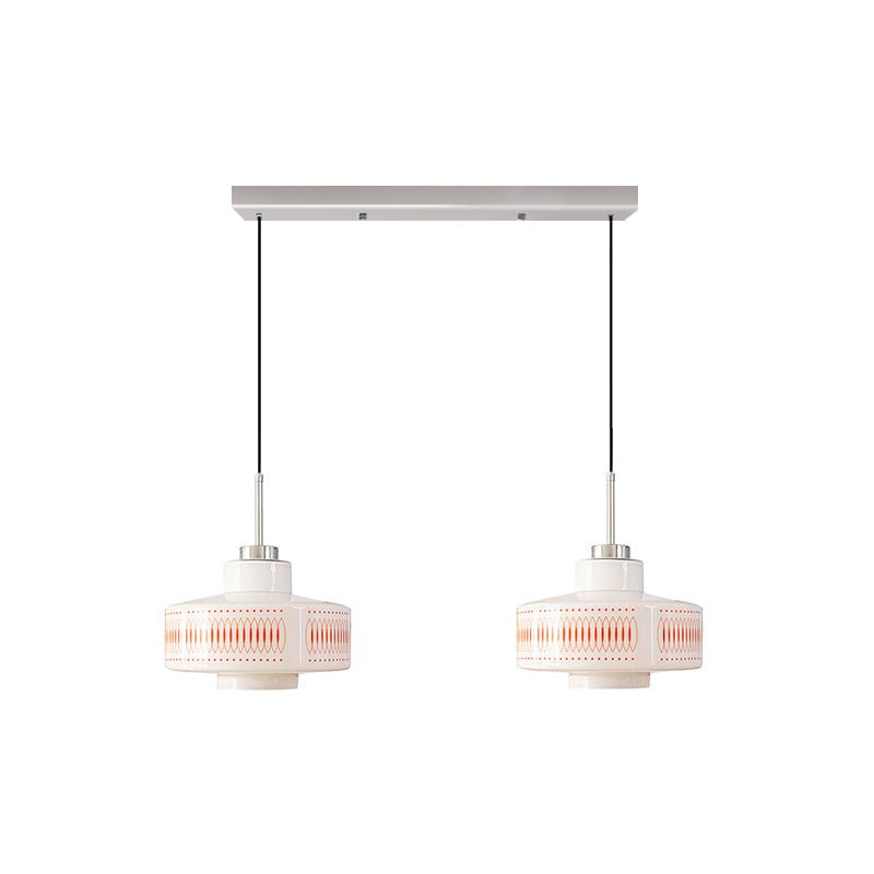Drawing of a Clérachic two-head pendant on a slim rectangular canopy, with each shade hung on a slim cord.