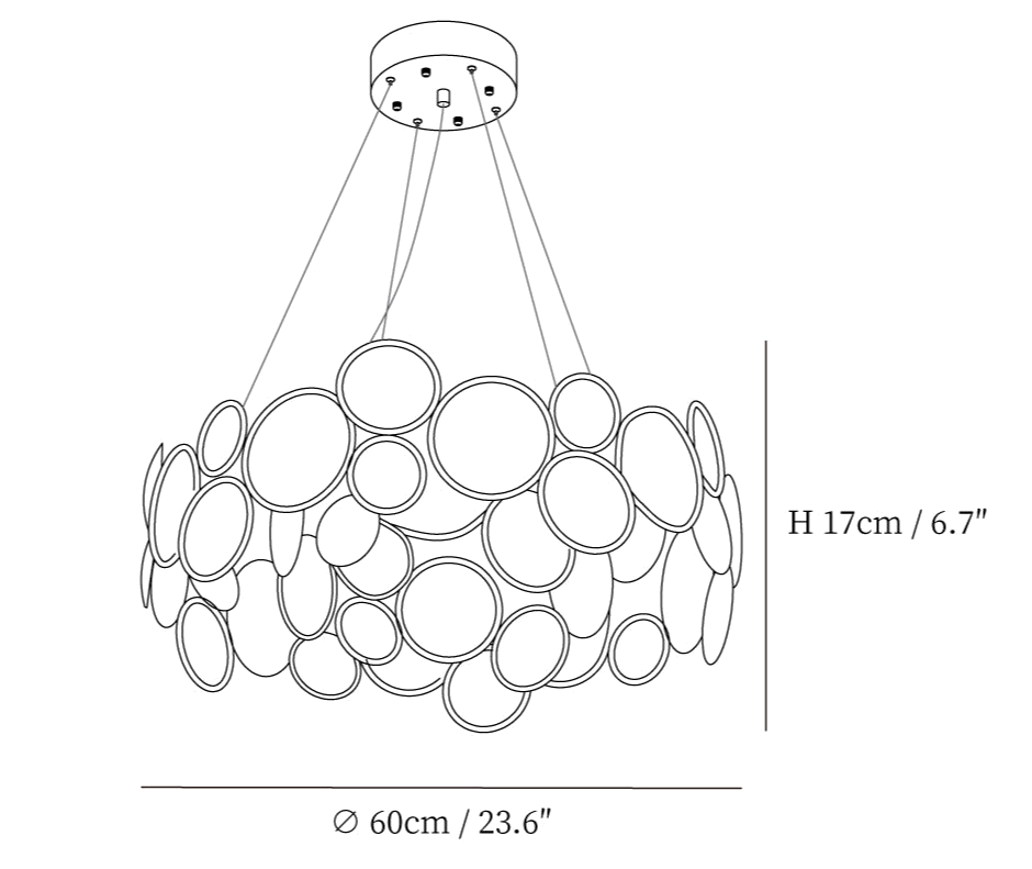Dimension drawing of this Clérachic chandelier, with its 17 cm height and 60 cm diameter marked.