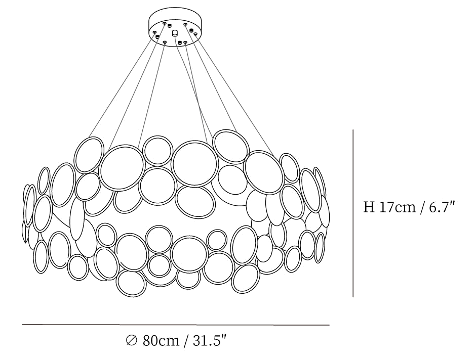 Dimension drawing of this Clérachic chandelier, with its 17 cm height and 80 cm diameter marked.