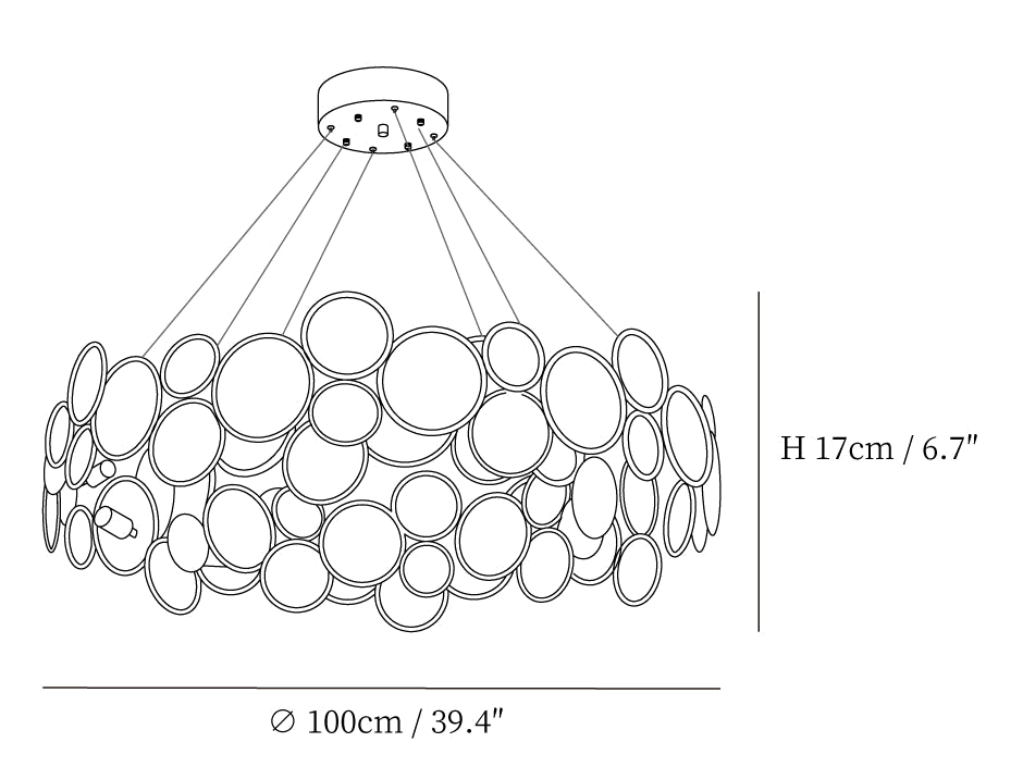 Dimension drawing of this Clérachic chandelier, with its 17 cm height and 100 cm diameter marked.
