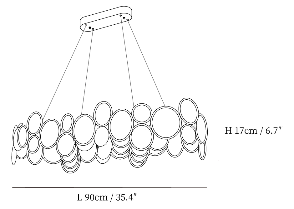 Dimension drawing of the oval Clérachic chandelier, with its 17 cm height and 90 cm length marked.