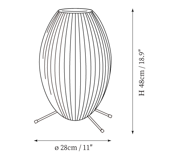 Clérachic table lamp dimension drawing, 1 of 4, every measurement marked in centimetres and inches.