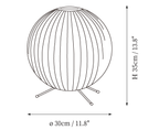 Clérachic table lamp dimension drawing, 2 of 4, every measurement marked in centimetres and inches.