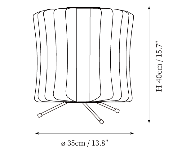 Clérachic table lamp dimension drawing, 3 of 4, every measurement marked in centimetres and inches.