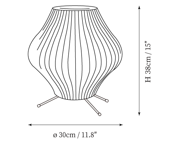 Clérachic table lamp dimension drawing, 4 of 4, every measurement marked in centimetres and inches.