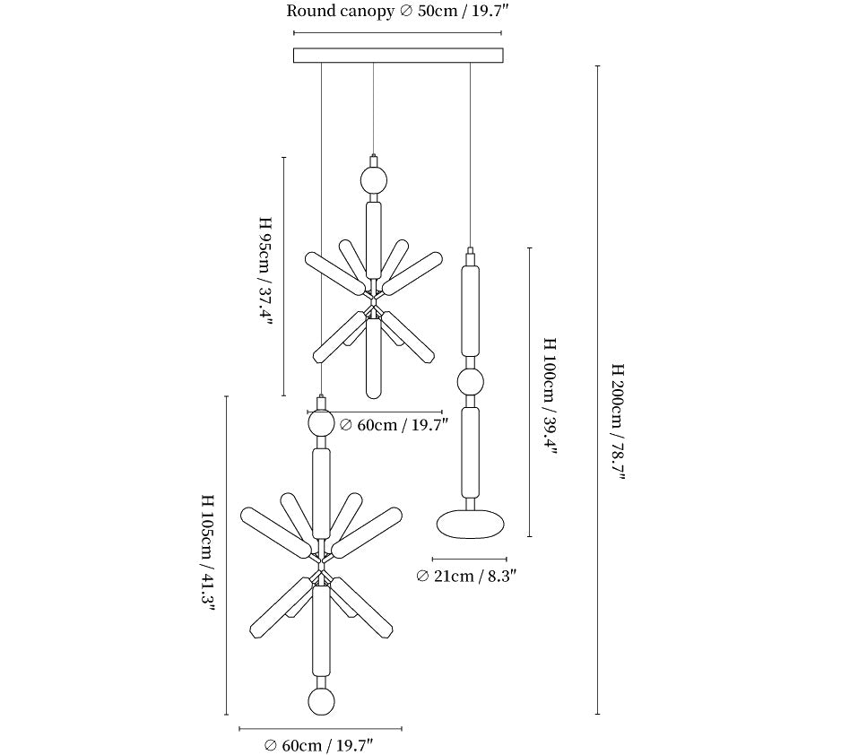 Dimension drawing of the cipher pendant light, in outline against white.