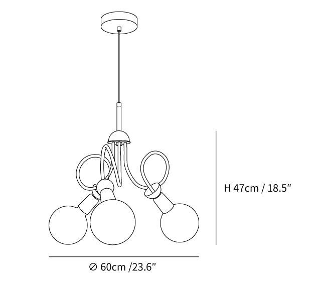 Dimension drawing of this Clérachic pendant in its three-head size, with its 47 cm height and 60 cm width marked.