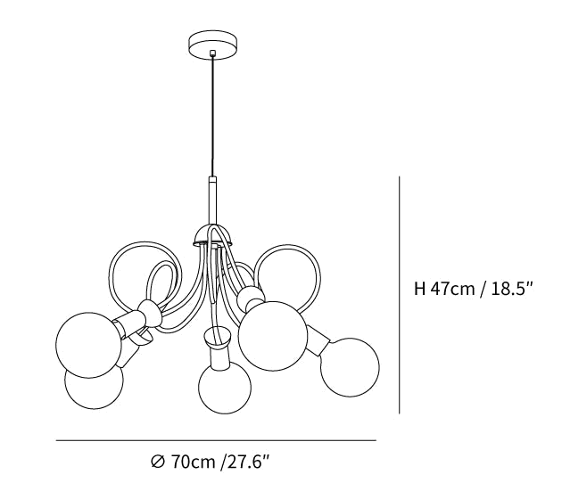 Dimension drawing of this Clérachic pendant in its five-head size, with its 47 cm height and 70 cm width marked.