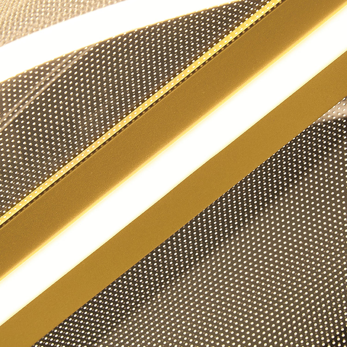 Very close view of the gold frame and glowing light strip along the edge of this Clérachic pendant light's dotted acrylic shade.