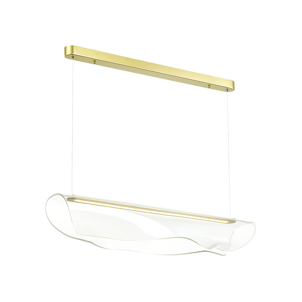 A Clérachic pendant light shown at an angle on white, its gold bar above a clear, softly folded shade.