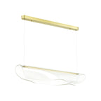 A Clérachic pendant light shown at an angle on white, its gold bar above a clear, softly folded shade.