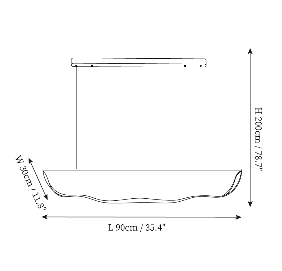 Dimension drawing of this Clérachic pendant light in the 90 cm length, with its height, length and width marked.