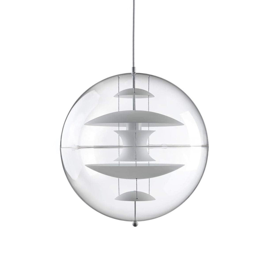 Straight-on view of this Clérachic sphere pendant in white, with white metal discs stacked inside the clear acrylic globe.