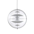Straight-on view of this Clérachic sphere pendant in white, with white metal discs stacked inside the clear acrylic globe.