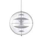 Straight-on view of this Clérachic sphere pendant in white, with white metal discs stacked inside the clear acrylic globe.