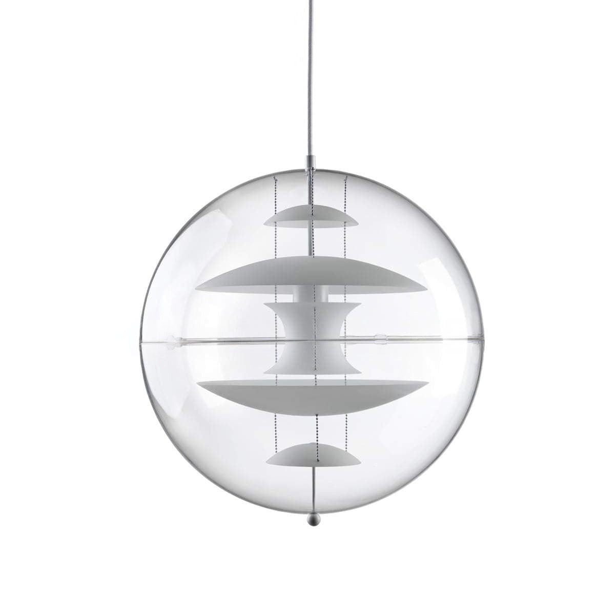Straight-on view of this Clérachic sphere pendant in white, with white metal discs stacked inside the clear acrylic globe.