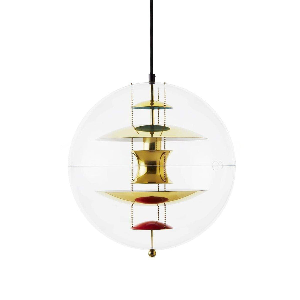 This Clérachic sphere pendant in gold shows brass-coloured discs and red dishes held on fine chains inside the clear globe.