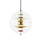 This Clérachic sphere pendant in gold shows brass-coloured discs and red dishes held on fine chains inside the clear globe.