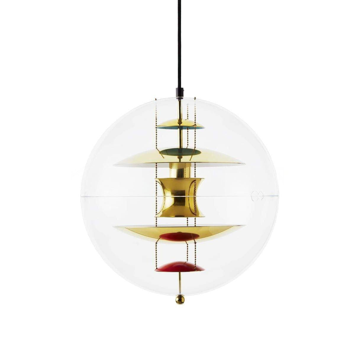 This Clérachic sphere pendant in gold shows brass-coloured discs and red dishes held on fine chains inside the clear globe.
