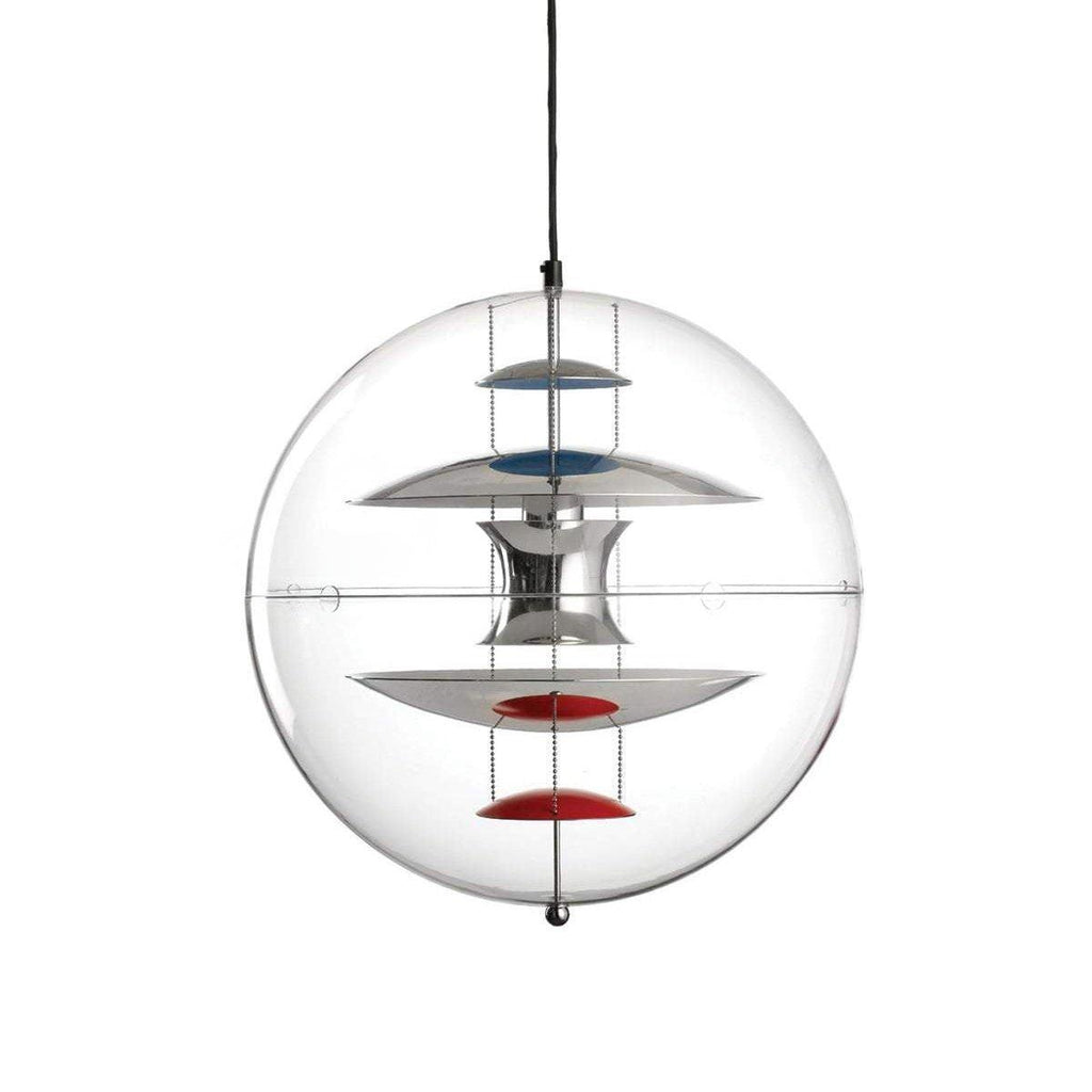 The chrome version of this Clérachic sphere pendant, with polished silver discs, blue upper dishes and red lower dishes inside the acrylic sphere.
