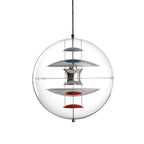 The chrome version of this Clérachic sphere pendant, with polished silver discs, blue upper dishes and red lower dishes inside the acrylic sphere.