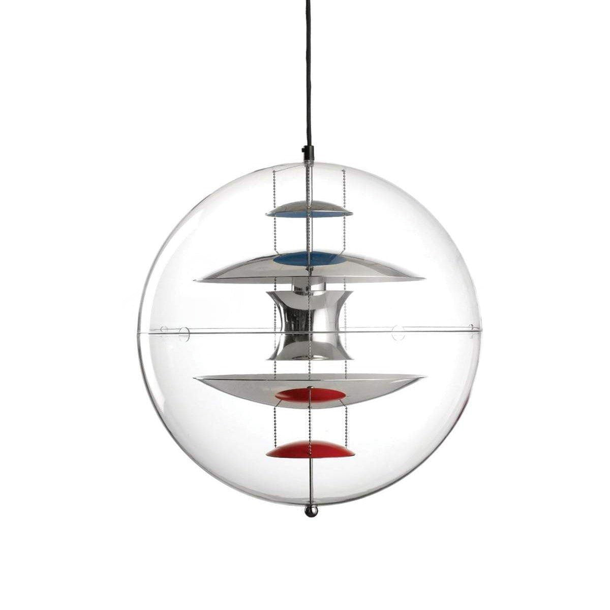 The chrome version of this Clérachic sphere pendant, with polished silver discs, blue upper dishes and red lower dishes inside the acrylic sphere.