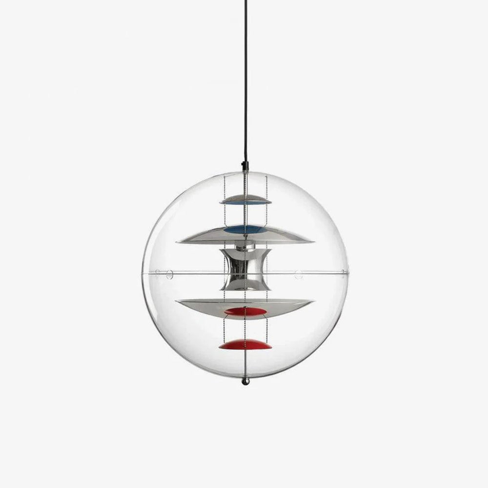 This Clérachic clear acrylic sphere pendant hangs on a black cord against a plain light backdrop, with chrome discs and red dishes stacked inside.