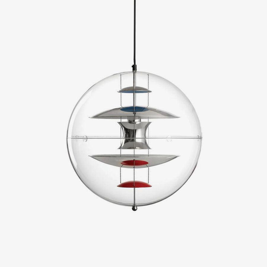 A Clérachic sphere pendant on a plain white backdrop, showing chrome discs with blue and red dishes inside the clear acrylic sphere.