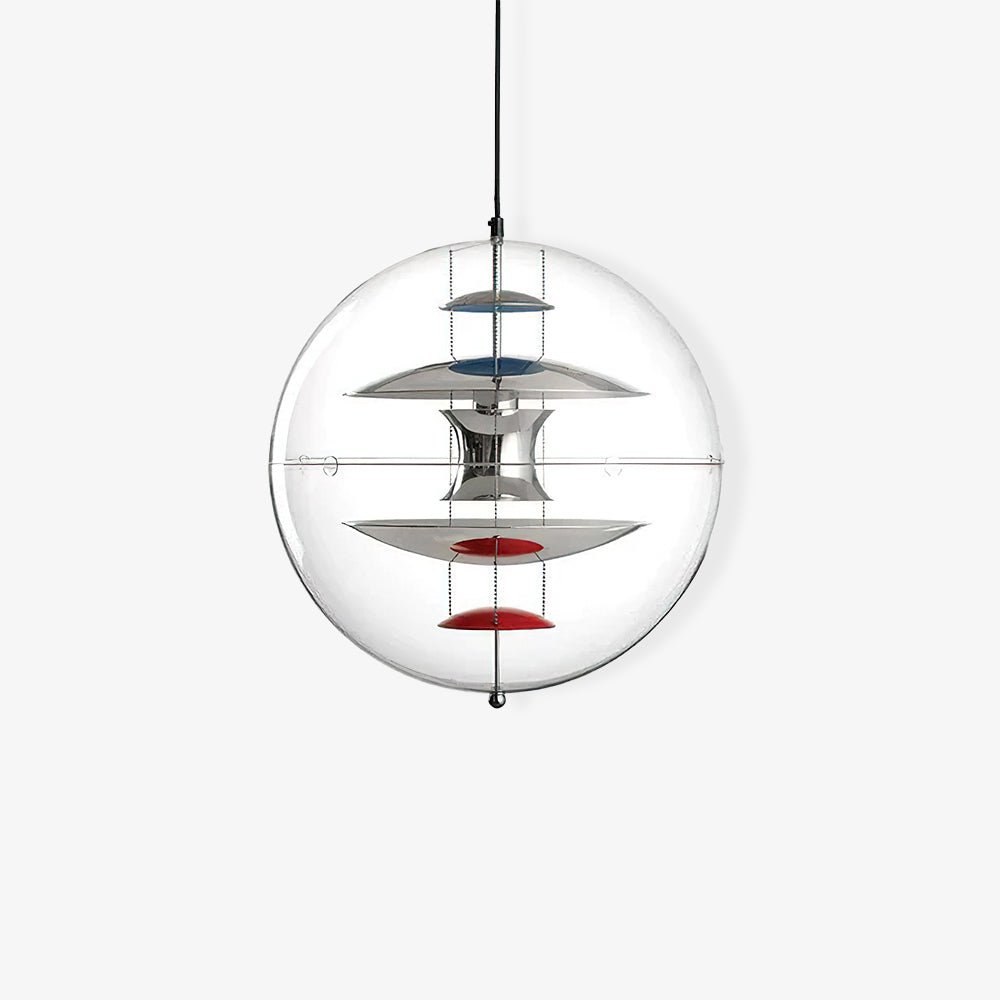 A Clérachic sphere pendant on a white backdrop, showing chrome discs and red dishes on chains inside the clear acrylic sphere.