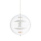 A white and apricot version of this Clérachic sphere pendant, with white discs and a soft peach dish at the base, on a white backdrop.