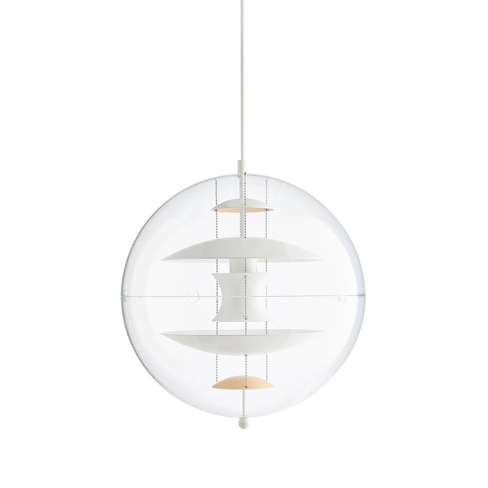 A white and apricot version of this Clérachic sphere pendant, with white discs and a soft peach dish at the base, on a white backdrop.