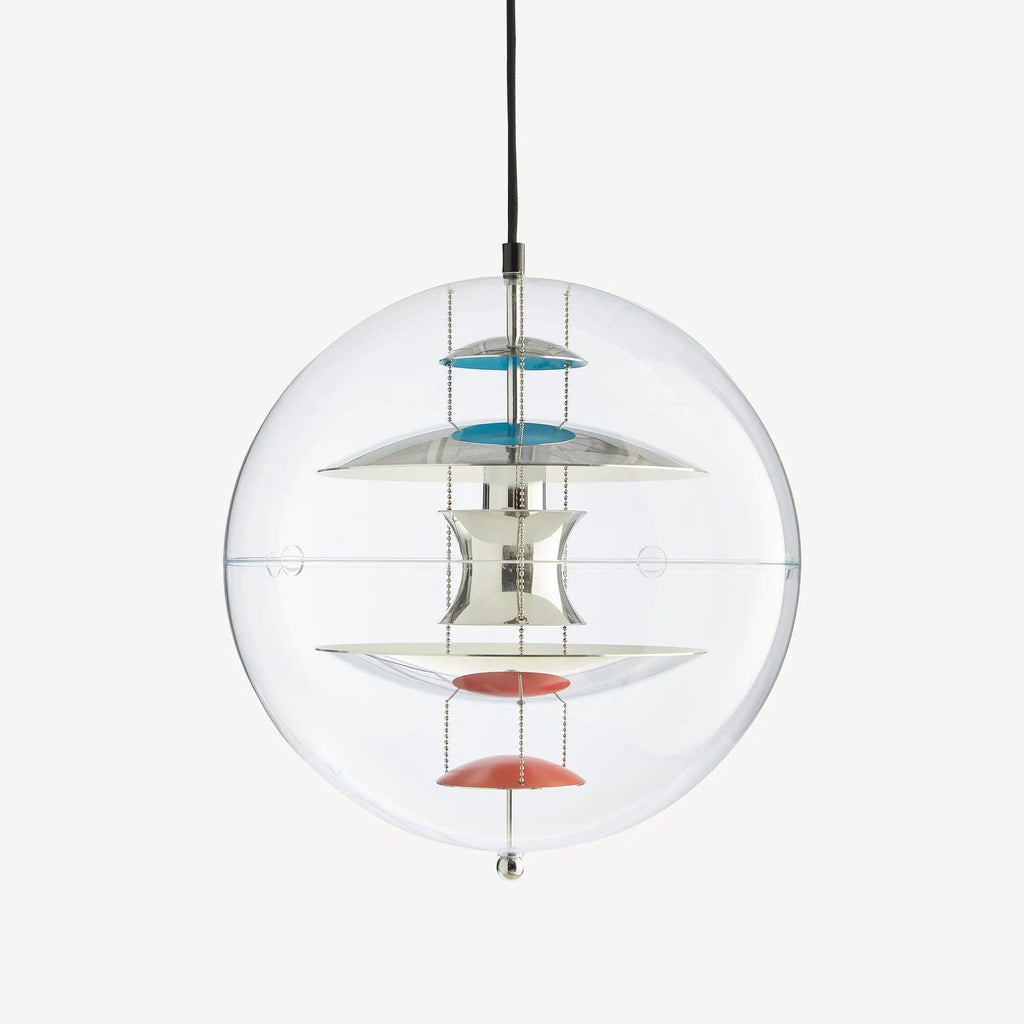 A Clérachic sphere pendant on an off-white backdrop, with chrome discs, turquoise upper dishes and coral-red lower dishes inside the clear sphere.