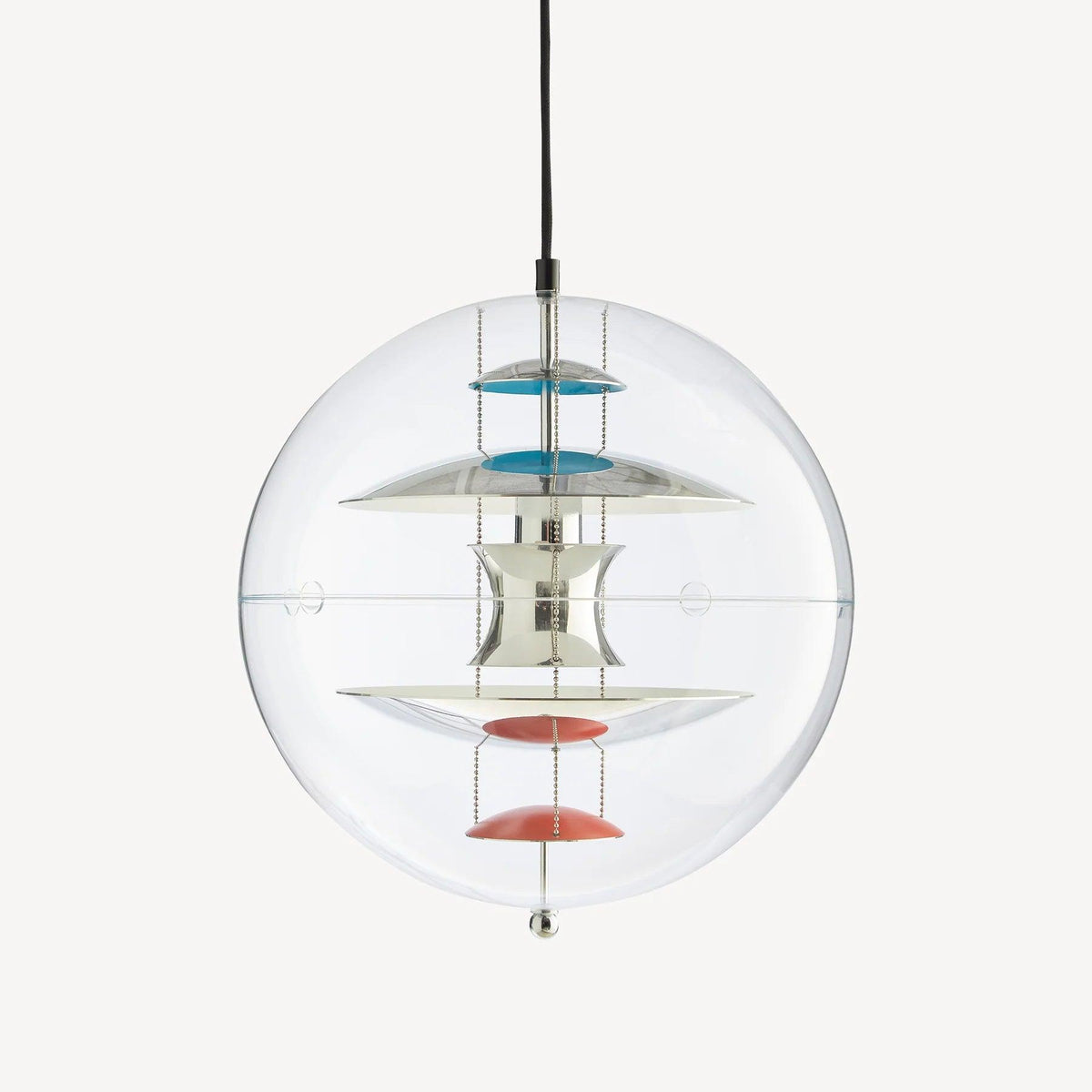 A Clérachic sphere pendant on an off-white backdrop, with chrome discs, turquoise upper dishes and coral-red lower dishes inside the clear sphere.