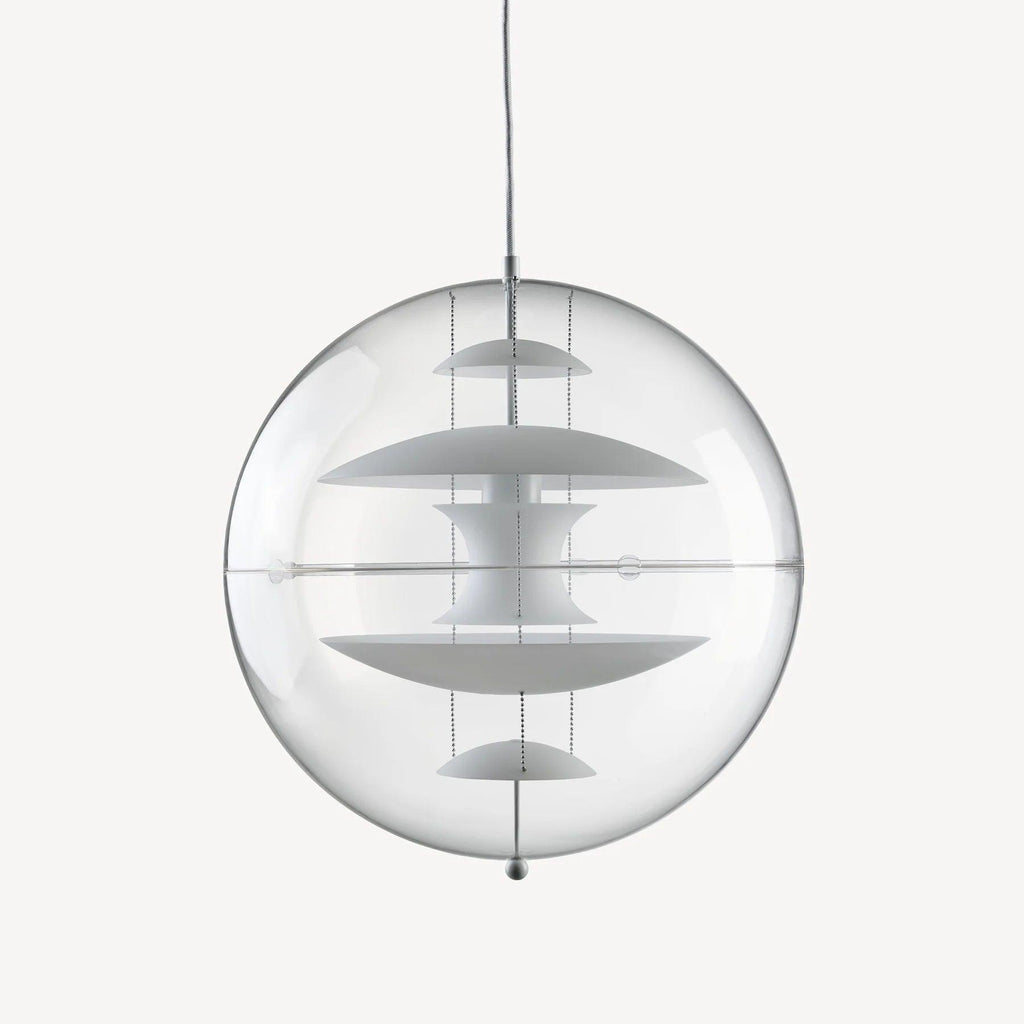 Straight-on view of this Clérachic sphere pendant in white, with stacked white discs held on chains inside the clear acrylic globe.