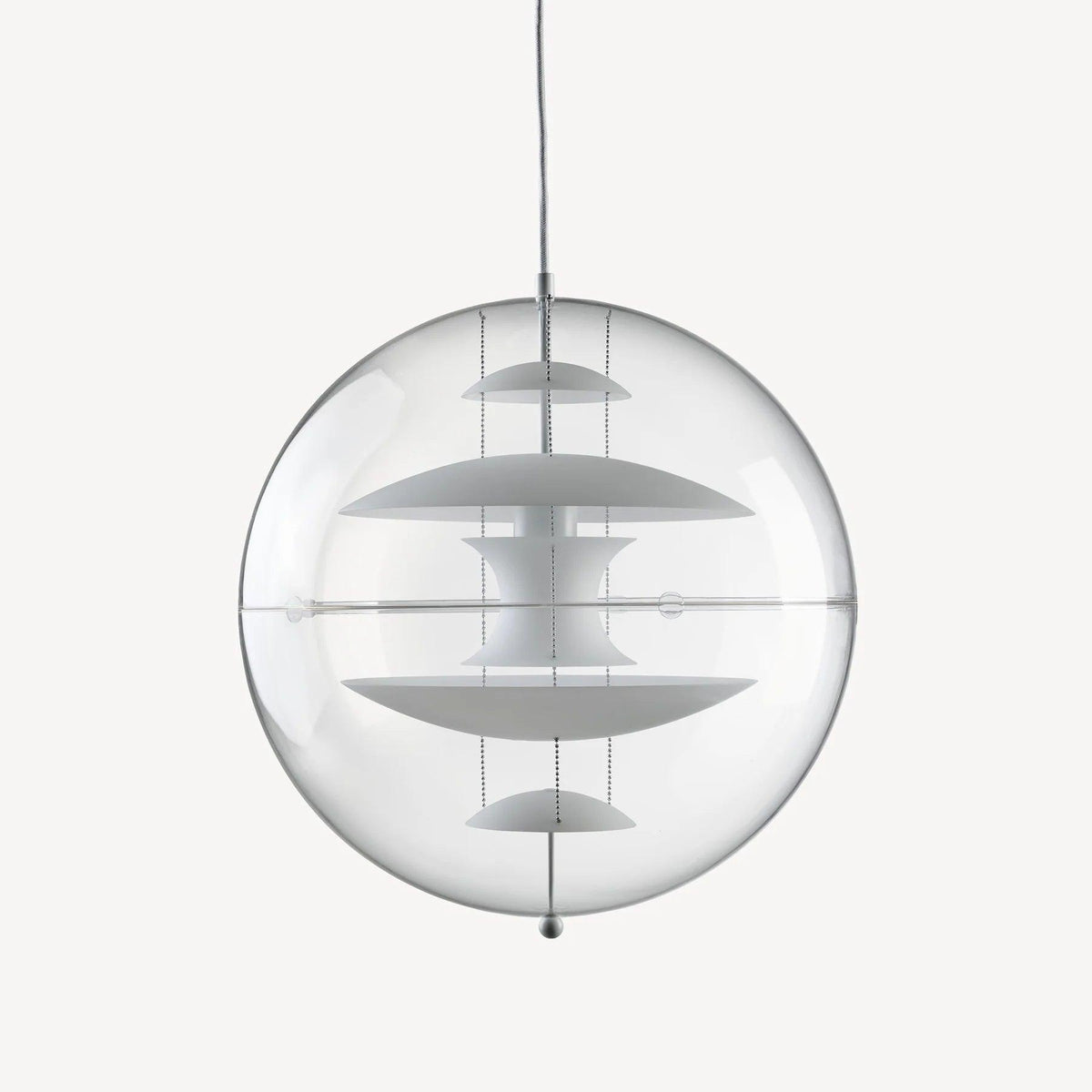 Straight-on view of this Clérachic sphere pendant in white, with stacked white discs held on chains inside the clear acrylic globe.