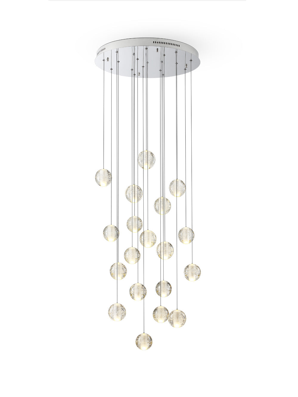 A full cluster of this Clérachic pendant light on white, with many small clear spheres hanging from a round chrome ceiling plate.