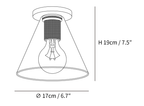 Dimension drawing of this Clérachic flush mount with a conical glass shade, marked 19 cm high and 17 cm across.