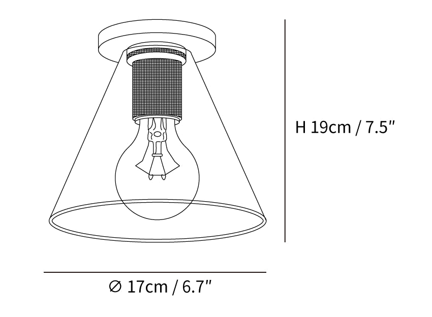 Dimension drawing of this Clérachic flush mount with a conical glass shade, marked 19 cm high and 17 cm across.