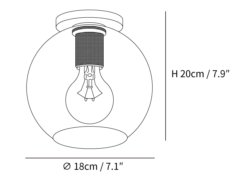 Dimension drawing of this Clérachic flush mount with a round globe shade, marked 20 cm high and 18 cm across.