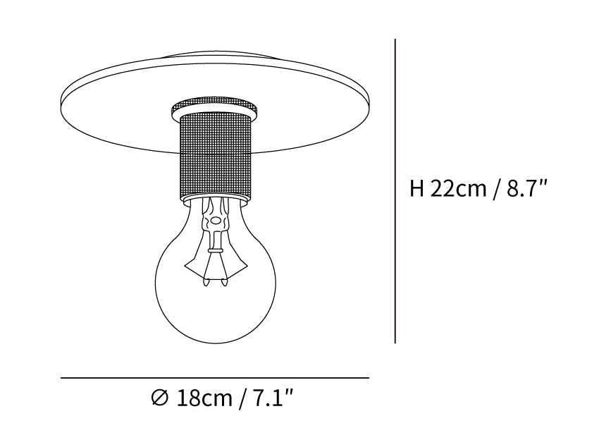 Dimension drawing of this Clérachic flush mount with a wide plate and bare bulb, marked 22 cm high and 18 cm across.