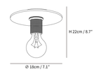 Dimension drawing of this Clérachic flush mount with a wide plate and bare bulb, marked 22 cm high and 18 cm across.