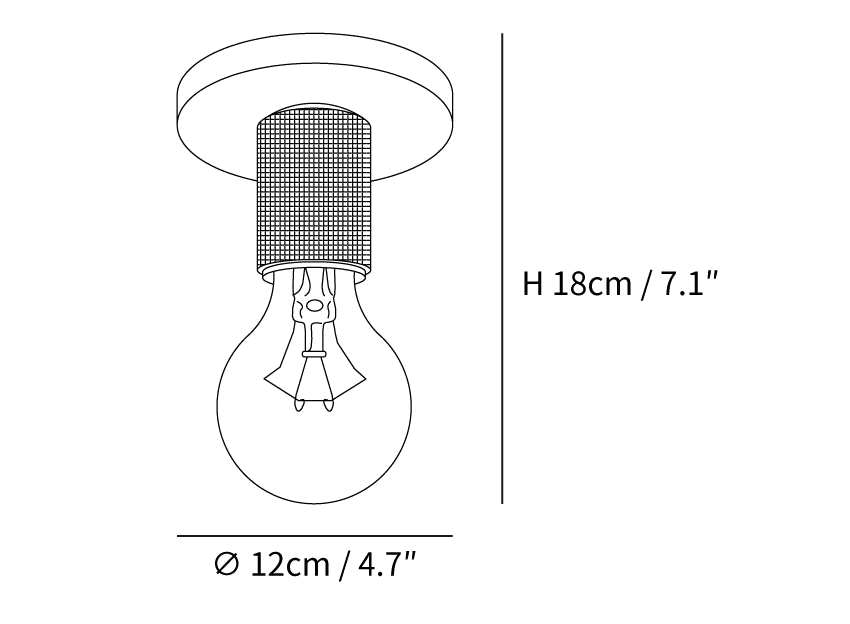 Dimension drawing of this Clérachic flush mount with a small plate and bare bulb, marked 18 cm high and 12 cm across.