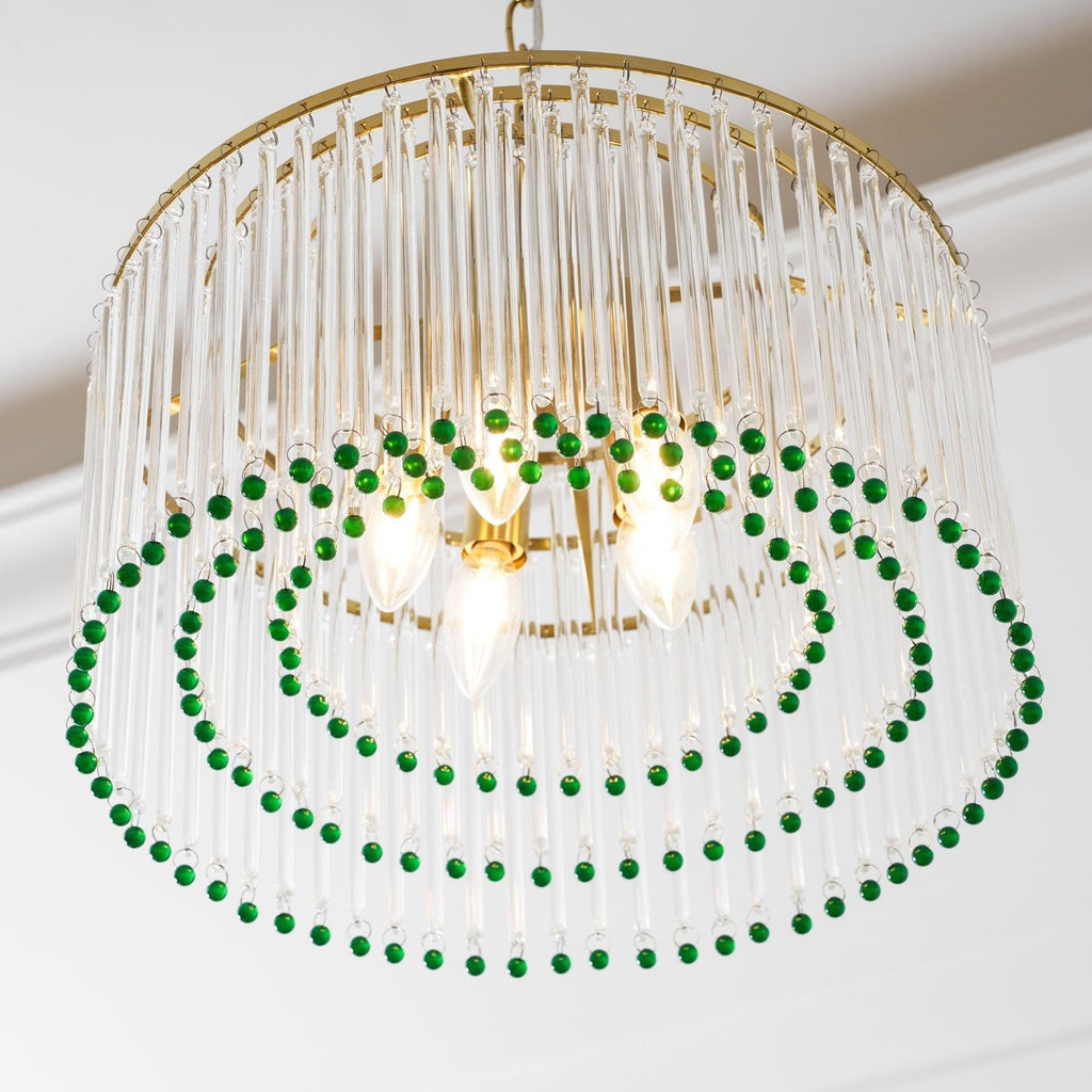 Looking up into this Clérachic chandelier, three rings of green beads hang below its candle bulbs and clear glass rods.