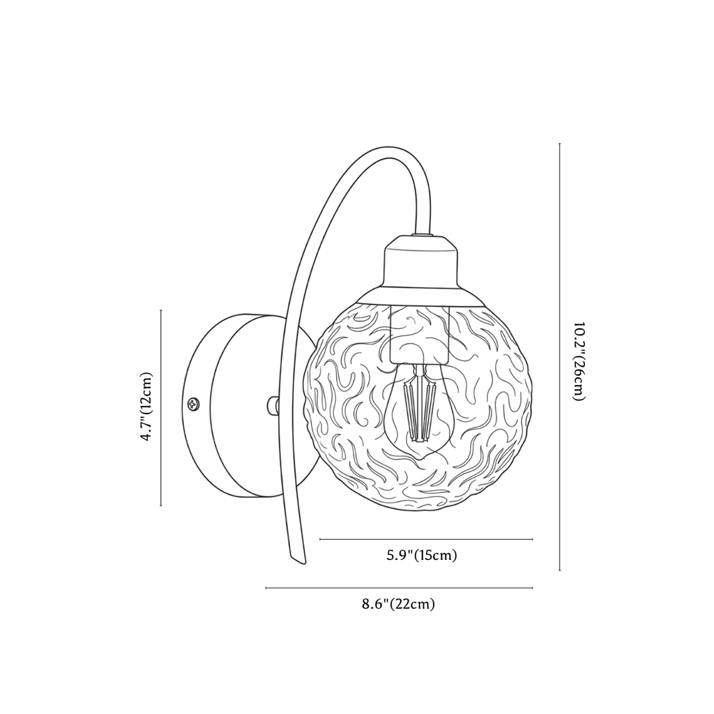 Clérachic wall light dimension drawing, every measurement marked in centimetres and inches.