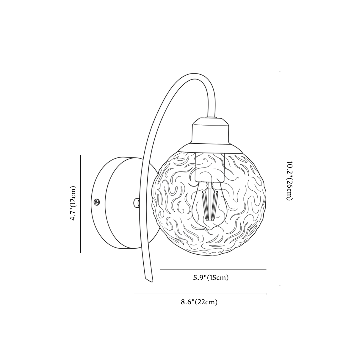 Clérachic wall light dimension drawing, every measurement marked in centimetres and inches.