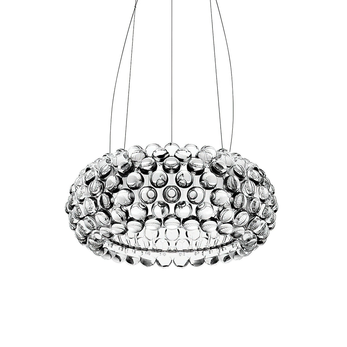 A clear sphere dome pendant seen from slightly below hangs from three fine cables against a white backdrop, from Clérachic.